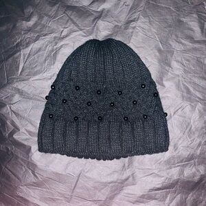 Dark Gray Knit Beanie with Black Beads NEVER WORN!